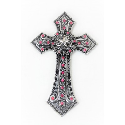 7007SIL-PNK PINK CRYSTAL / SILVER WALL CROSS / W STAR